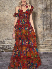 TheNeverMo Fireworks Burning Spring French Retro V-neck Strap Floral Long Dress for Holiday dress Summer