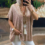 Load image into Gallery viewer, 2026 New European and American Amazon Short-Sleeved Urban Casual Color Loose-Fitting Pullover Sequined V-Neck T-Shirt Tops for Women