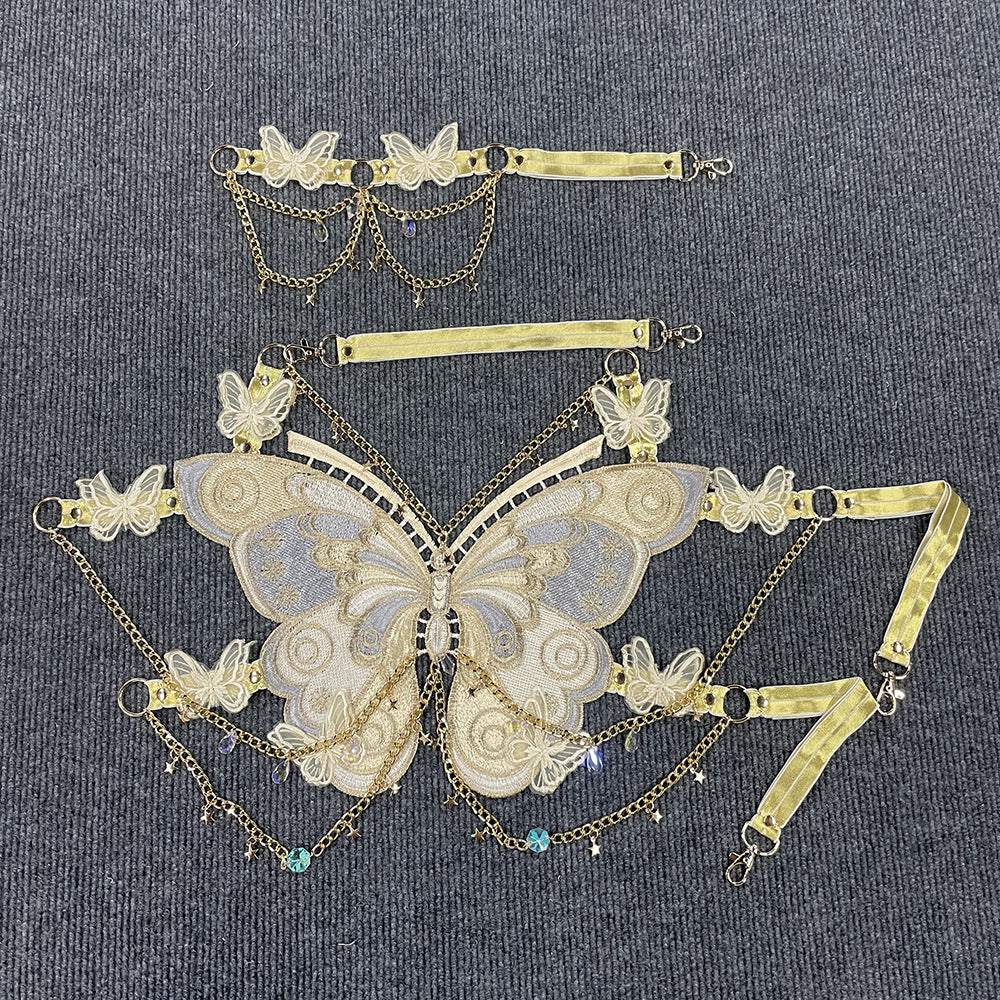 ins European and American cross-border fashion embroidered butterfly stitching metal crystal ornaments ultra-short sling