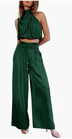 Load image into Gallery viewer, Women's 2-Piece Suit 2023 Summer Fashion Casual Sleeveless Boat Neck Crop Top Wide-Leg Pants