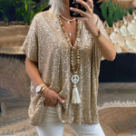Load image into Gallery viewer, 2026 New European and American Amazon Short-Sleeved Urban Casual Color Loose-Fitting Pullover Sequined V-Neck T-Shirt Tops for Women
