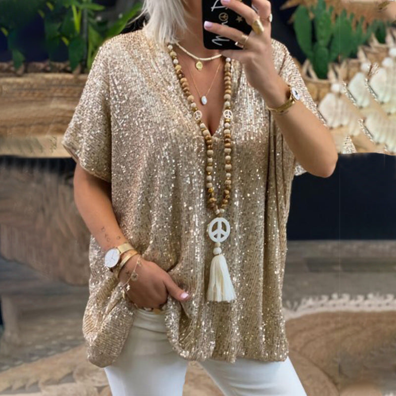 2026 New European and American Amazon Short-Sleeved Urban Casual Color Loose-Fitting Pullover Sequined V-Neck T-Shirt Tops for Women