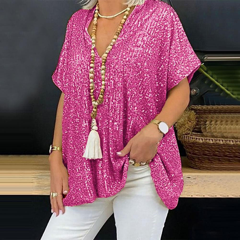 2026 New European and American Amazon Short-Sleeved Urban Casual Color Loose-Fitting Pullover Sequined V-Neck T-Shirt Tops for Women