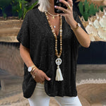 Load image into Gallery viewer, 2026 New European and American Amazon Short-Sleeved Urban Casual Color Loose-Fitting Pullover Sequined V-Neck T-Shirt Tops for Women