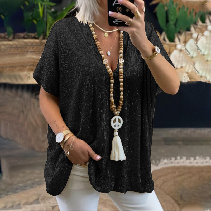 2026 New European and American Amazon Short-Sleeved Urban Casual Color Loose-Fitting Pullover Sequined V-Neck T-Shirt Tops for Women