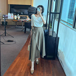 Load image into Gallery viewer, 2024 Summer New Fashion Elegant All-match Slim Shoulder Half-sleeve T-shirt Draped Double Split Umbrella Skirt Two-piece Set