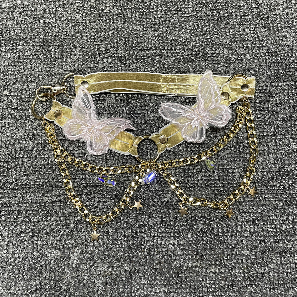 ins European and American cross-border fashion embroidered butterfly stitching metal crystal ornaments ultra-short sling