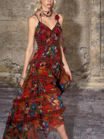 Load image into Gallery viewer, TheNeverMo Fireworks Burning Spring French Retro V-neck Strap Floral Long Dress for Holiday dress Summer