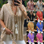 Load image into Gallery viewer, 2026 New European and American Amazon Short-Sleeved Urban Casual Color Loose-Fitting Pullover Sequined V-Neck T-Shirt Tops for Women