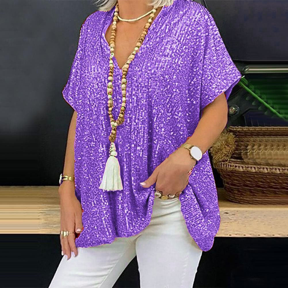 2026 New European and American Amazon Short-Sleeved Urban Casual Color Loose-Fitting Pullover Sequined V-Neck T-Shirt Tops for Women