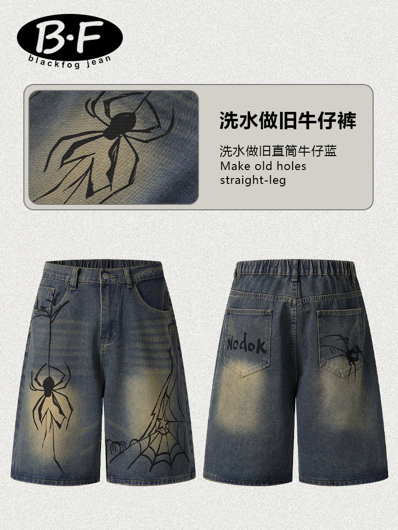 Cross-Border Popular Source | Hand-Painted Spider Denim Shorts Men's Summer Loose Retro Distressed Blue Straight-Leg Trousers
