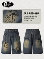 Load image into Gallery viewer, Cross-Border Popular Source | Hand-Painted Spider Denim Shorts Men's Summer Loose Retro Distressed Blue Straight-Leg Trousers