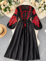 Load image into Gallery viewer, Women Autumn Dresses Bohemian Embroidered Flower O-Neck Lantern Sleeve High Waist Pleated Dress All-match Female Vestidos PL393