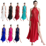 Load image into Gallery viewer, Women Lyrical Dance Dress Modern Contemporary Dancewear Halter Strappy Back Rhinestones Split Dress for Performance Competition