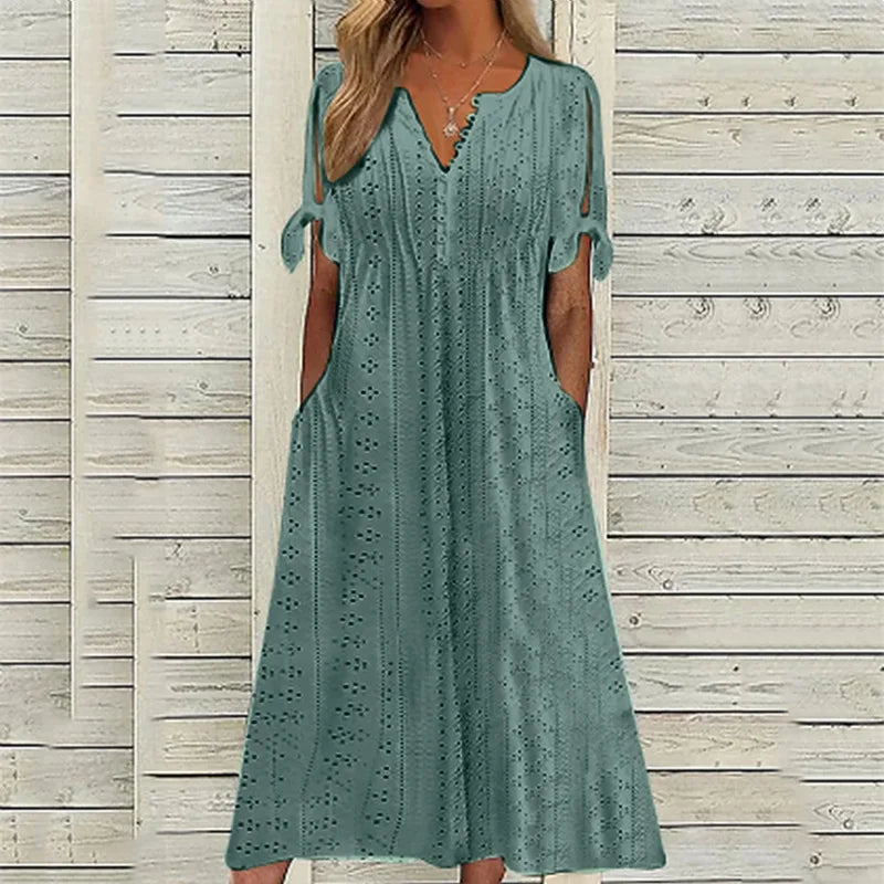 New women's dress, with slits and open V-neck, lace ruffles, elegant mid-length women's casual party dress