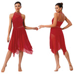 Load image into Gallery viewer, Womens Gymnastics Lyrical Ballet Dance Glittery Rhinestone Dress Ruched Backless Leotard Dresses Contemporary Dance Costumes