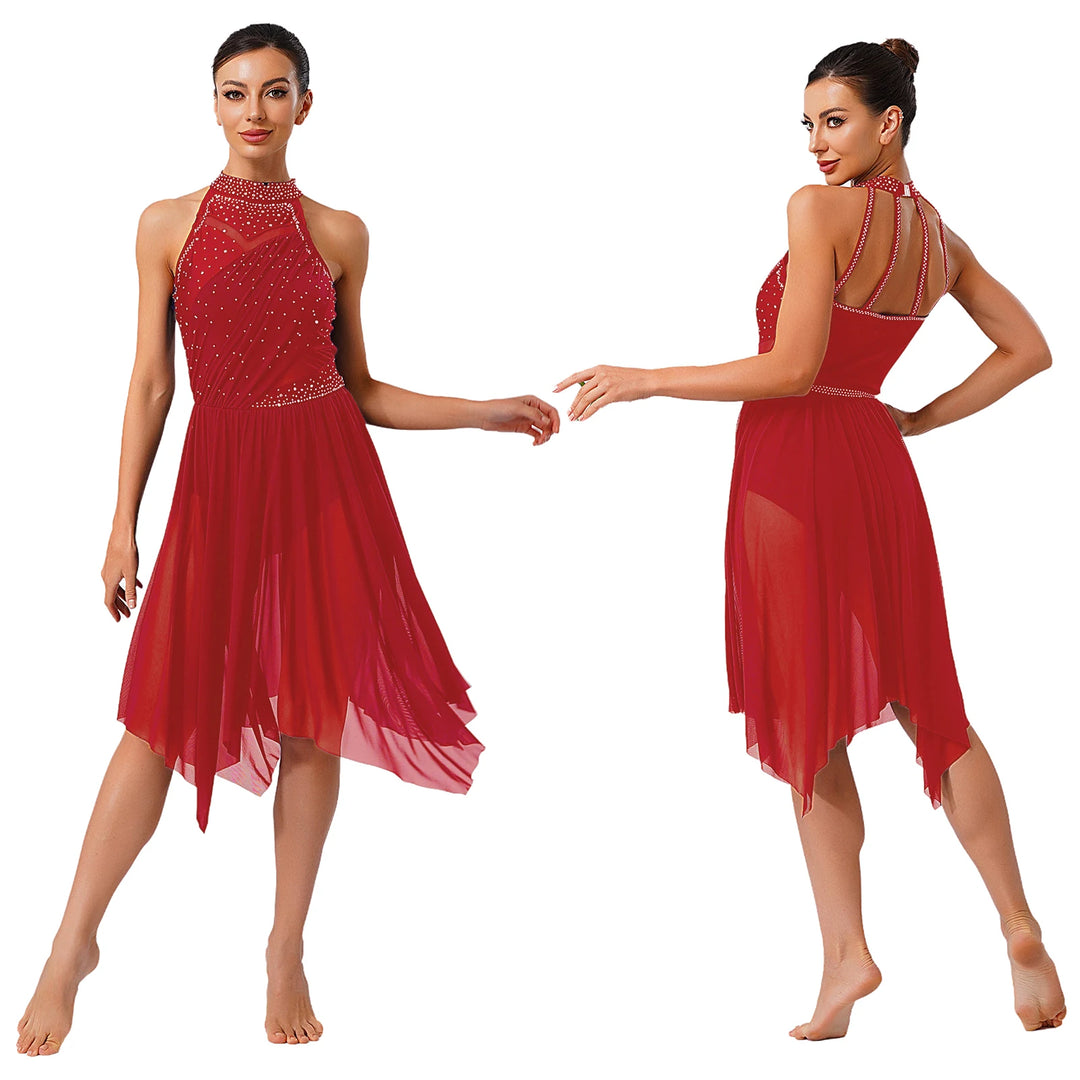 Womens Gymnastics Lyrical Ballet Dance Glittery Rhinestone Dress Ruched Backless Leotard Dresses Contemporary Dance Costumes