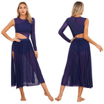 Load image into Gallery viewer, Womens Modern Lyrical Contemporary Dance Costume Cutout Round Neck Dress Side Split Sheer Mesh Dresses Performance Outfits