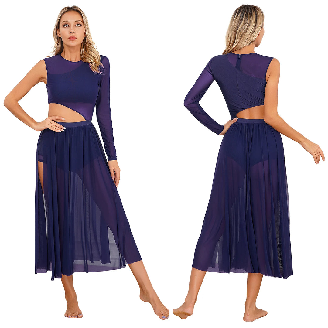 Womens Modern Lyrical Contemporary Dance Costume Cutout Round Neck Dress Side Split Sheer Mesh Dresses Performance Outfits