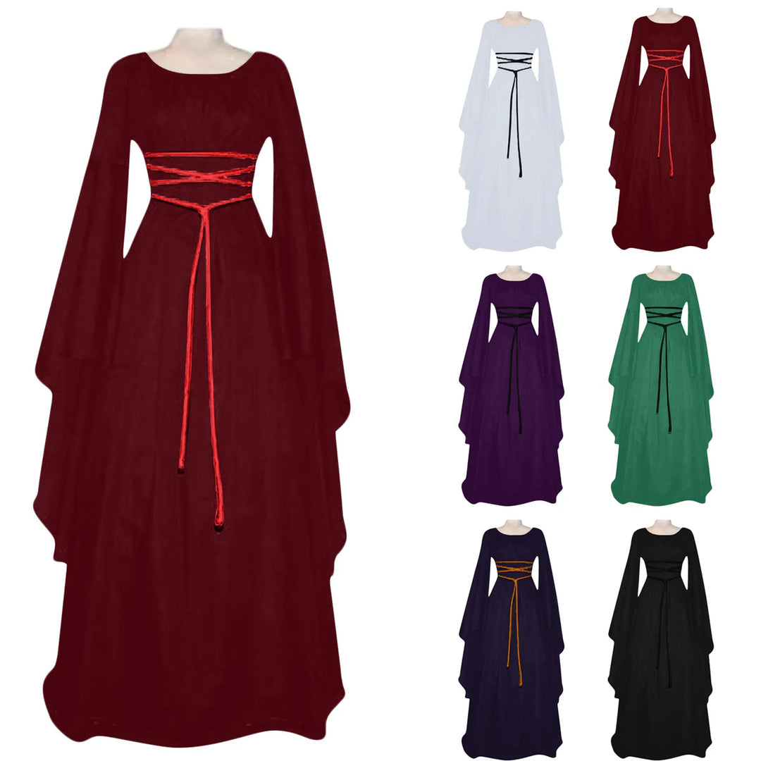 Women'S Halloween Costume Long Sleeved Round Neck Lace-Up Waist Irregular Dresses Medieval Retro Elegant Evening Dress