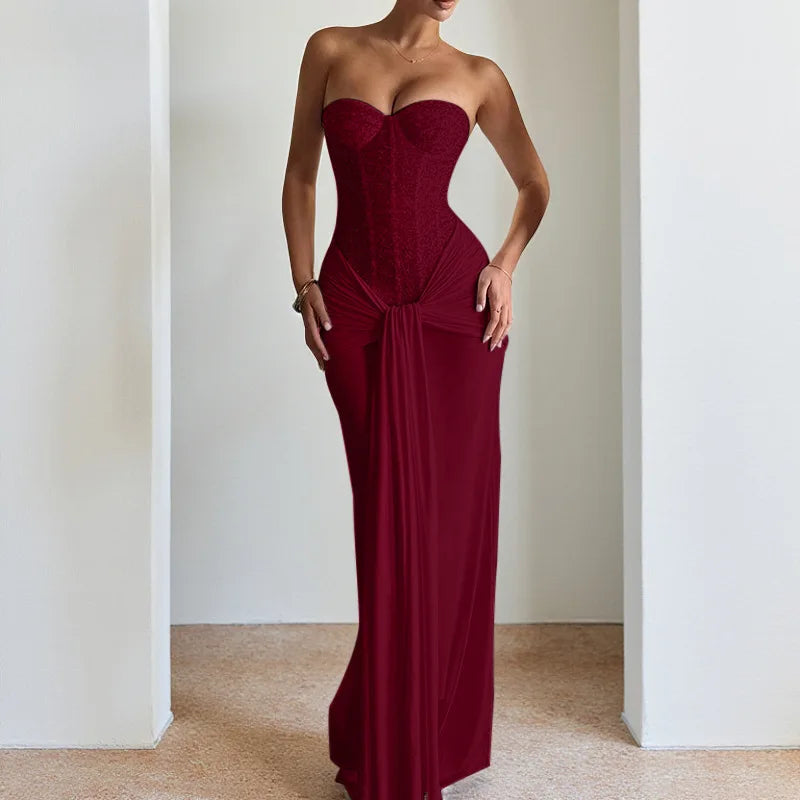 Women's Dress Fashion Backless Solid Slim Long Elegant Evening Dress Summer Ribbon Sequin Nightclub Sexy Cocktail Party Dresses