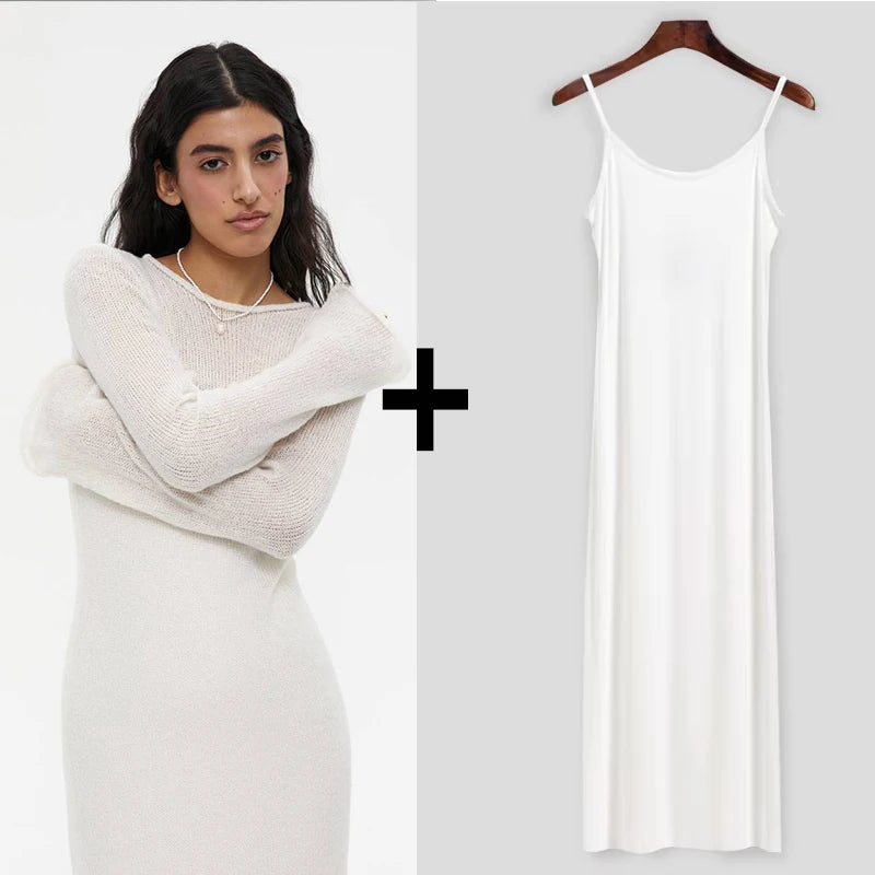 Sweet Pink Mohair Knitted Dress+Vests Dress Women New O-neck Casual Long Sleeve Dresses Suspenders Chic Vintage Two-piece Suit