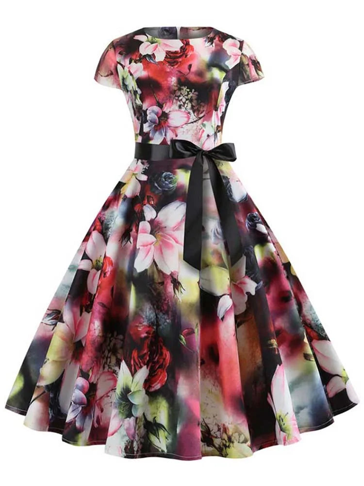 Women Summer Music Note Print Dress 50s 60s Robe Retro Swing Casual Vintage Party Dresses Vestidos