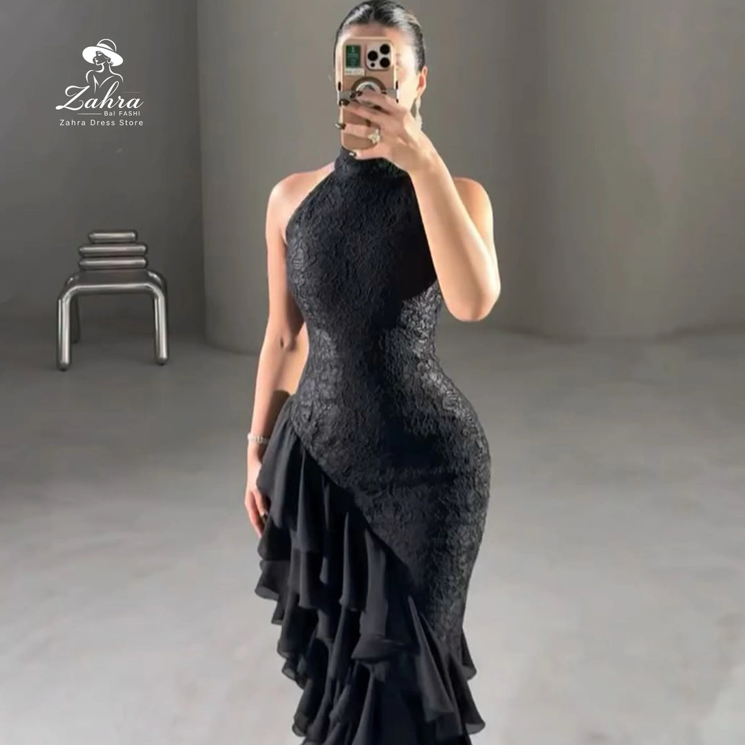 Women's Formal Evening Gowns Black Sleeveless Gown Evening Dress Luxury Halter Neck Lace Asymmetric Ruffle Chiffon Party Dresses