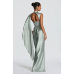 Load image into Gallery viewer, Women's Elegant Party Dresses Draped Cape Satin Evening Gown, High Neck Corset Back Formal Dress with Ruched Waist 2026