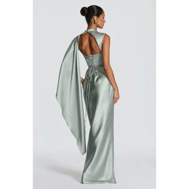 Women's Elegant Party Dresses Draped Cape Satin Evening Gown, High Neck Corset Back Formal Dress with Ruched Waist 2026
