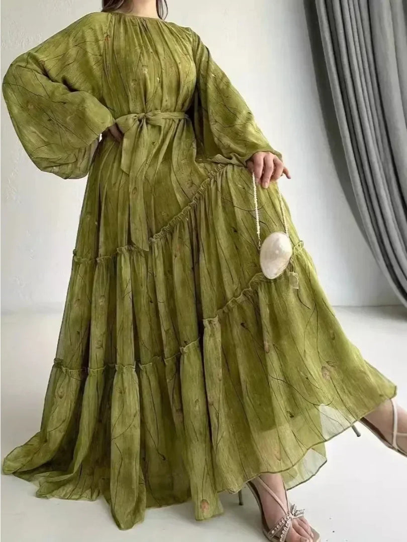 Muslim Women's Dress Casual Fashion Middle Eastern Chiffon Round Neck Tie-Dye with Belt Long Temperament Elegant Arab Dress