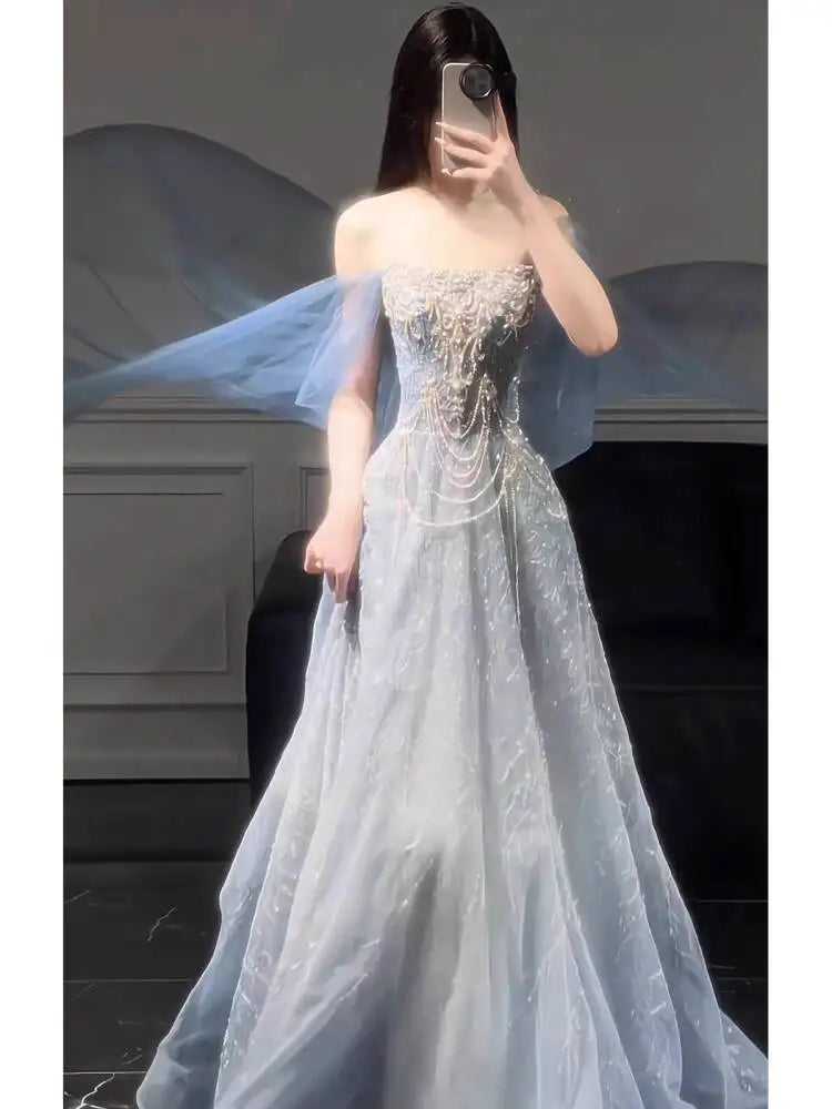 Blue Evening Dress For Women 2025 New High-End Sense Of Style Coming-of-Age Dress High-End Light Luxury Annual Meeting Art Exam