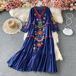 Load image into Gallery viewer, Women Vintage Dress Bohemian Ethnic Seaside Holiday Dress Spring Embroidered V-Neck Beach Dress Sundress Casual Pleated Vestidos