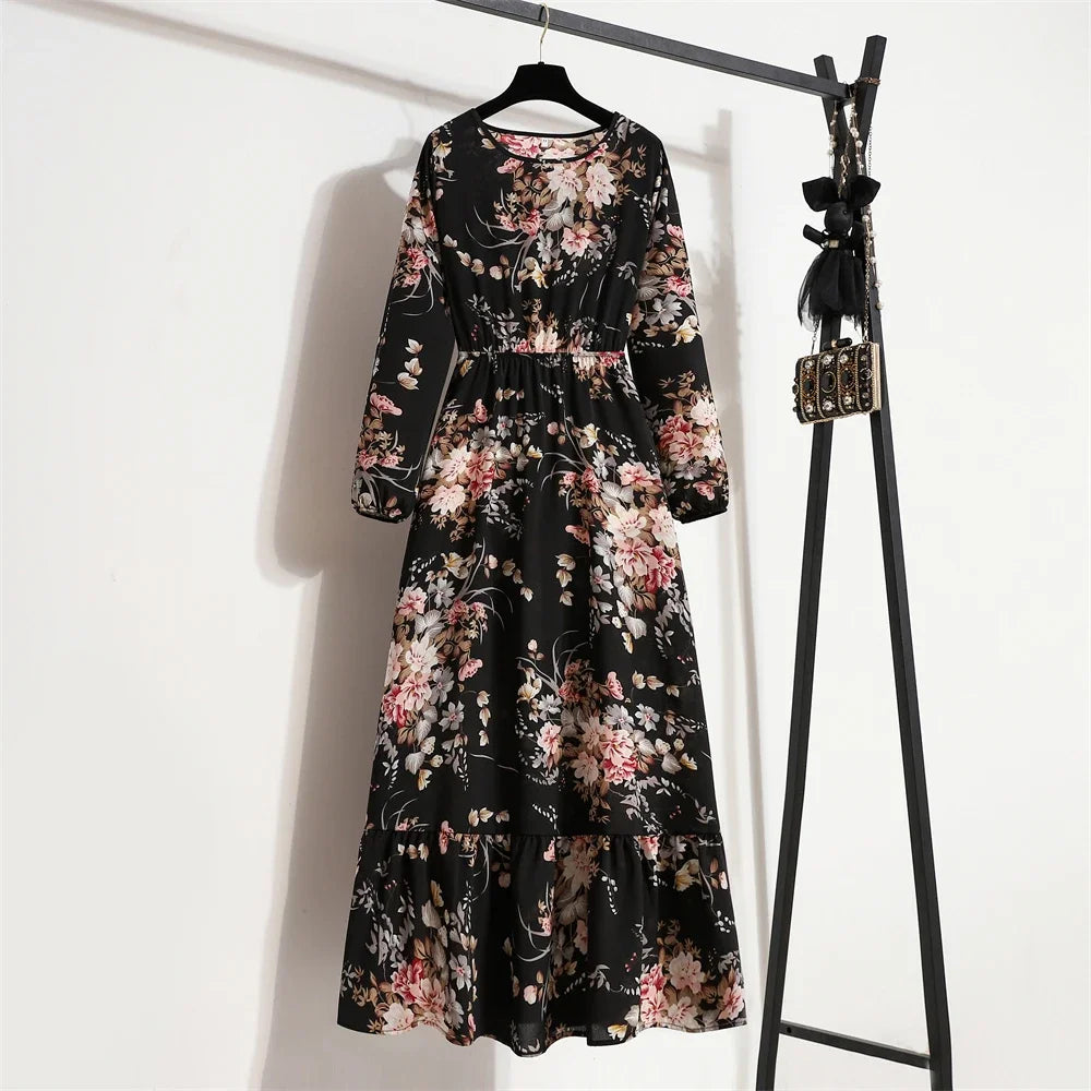 Women Long Dresses Spring Summer Casual Full Sleeve Floral geometry Printed O neck Woman Bohe Beach Party Dress Mujer Vestidos