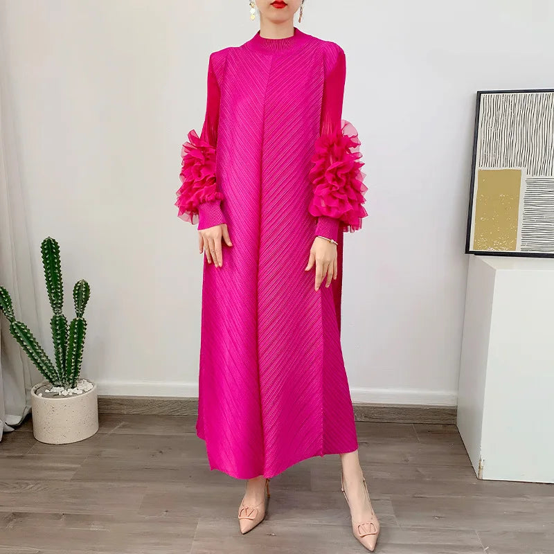 Women Elegant Evening Party Dresses 2025 Summer New Solid Colour Classic Long Sleeve Plate Flower Design Prom Dresses Female