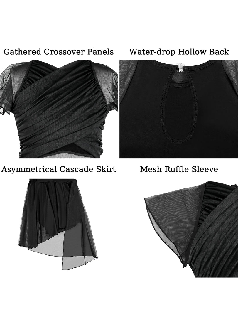 Women Lyrical Modern Dance Dress Water-drop Hollow Back High-Low Mesh Skirted Contemporary Dance Costume