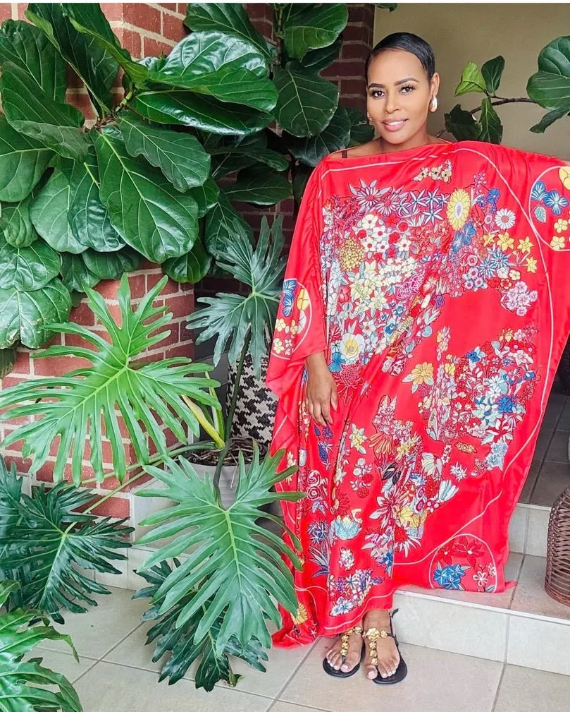 African Dress For Women Elegant Floral Summer Twill Silk Kaftan Maxi Dress Boho Sexy lady Beach Wear Caftan Dubai Muslim Ramadan