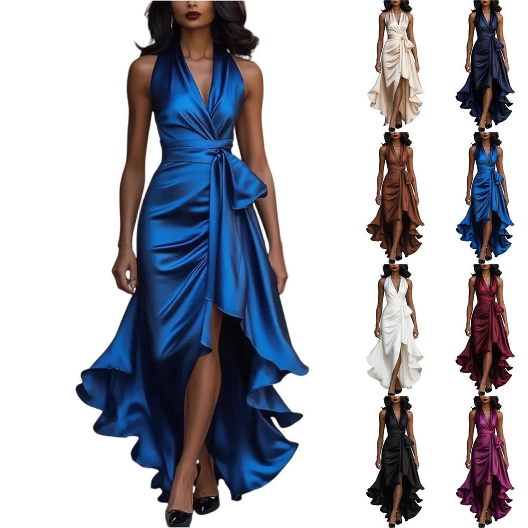 Women's Deep V-Neck Ruffled Evening Gowns Solid Lace-Up High Waist Satin Party Dresses Elegant Temperament Wedding Guests Dress