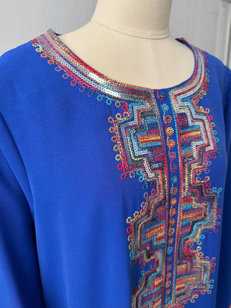 Ramadan Islamic Modest Abaya Dress for Women Ethnic Colorful Embroidery Morocco Casual Round Neck Long Robe Elegant Dubai Muslim