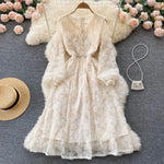 Load image into Gallery viewer, Women Dresses Lace Floral A Line Full Sleeve Dress Tight Waist Elegant V Neck Vestidos Casual Button Summer Office Lady