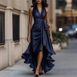 Load image into Gallery viewer, Women's Deep V-Neck Ruffled Evening Gowns Solid Lace-Up High Waist Satin Party Dresses Elegant Temperament Wedding Guests Dress