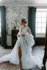 Load image into Gallery viewer, White Women Maternity Dresses for Photo Shoot V Neck Full Sleeves Robe Tiered Tulle Prom Wedding Pregnant Custom Made