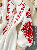 Load image into Gallery viewer, Women Autumn Dresses Bohemian Embroidered Flower O-Neck Lantern Sleeve High Waist Pleated Dress All-match Female Vestidos PL393