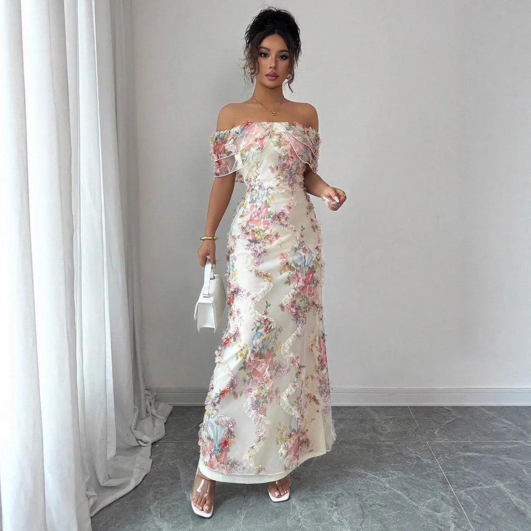 Women's Dresses Elegant and Romantic Ruffled Dress Ladies Sexy Off-the-Shoulder Fitted Mesh Floral Dress Party Gown for Female