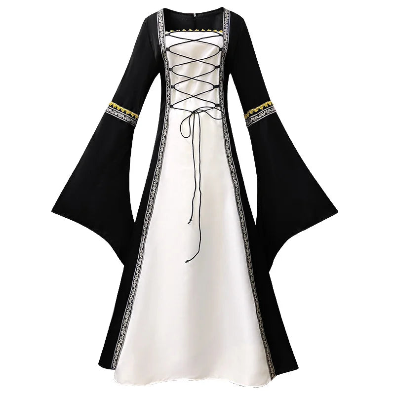 Women’s Medieval Costume Halloween Fashion Dress Vintage Full-Skirted Long-Sleeved Dress Lace-Detail Party and Casual Dress