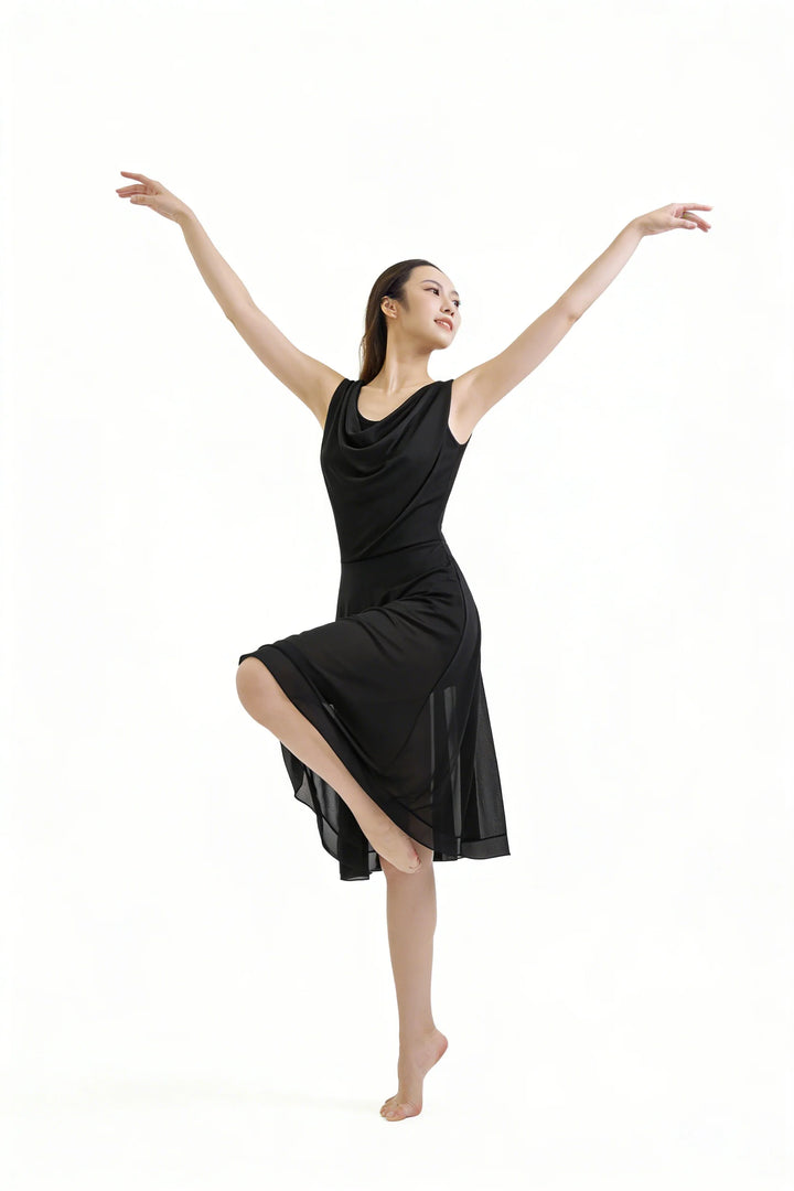 Adult Women Lyrical Dance Costume Modern Contemporary Dancewear V-Neck Backless Mesh Tulle Flowy Overlay Dress Stage Performance