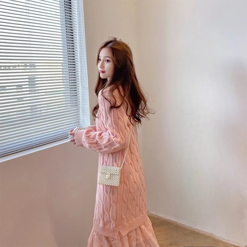 Woman Knitted Dress Pink Casual Trend Essential Cool Comfortable Clearance Sale Deals Korean Crochet Dresses For Women Splicing