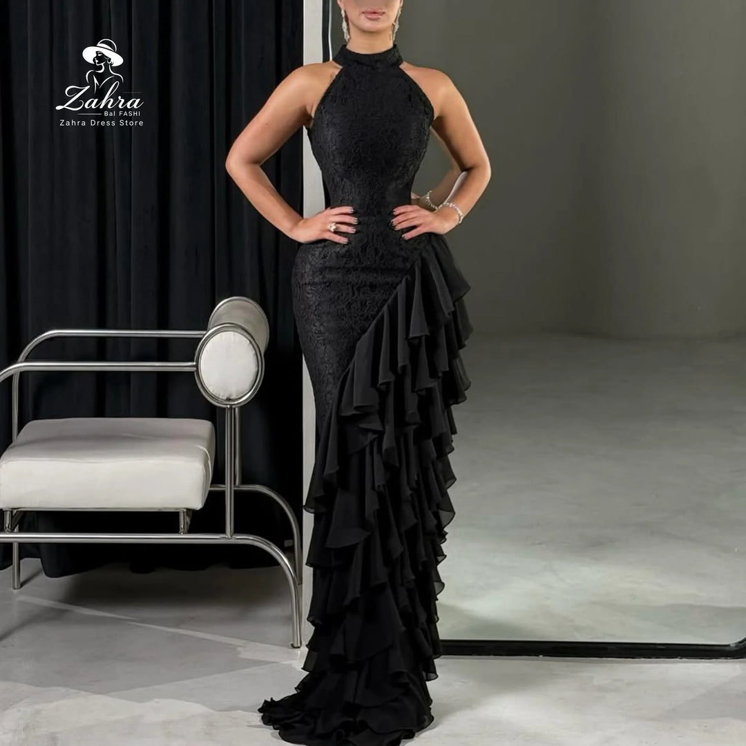 Women's Formal Evening Gowns Black Sleeveless Gown Evening Dress Luxury Halter Neck Lace Asymmetric Ruffle Chiffon Party Dresses