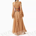 Load image into Gallery viewer, Women's A-line Evening Dresses Floor-length O-neck Full Sleeve Prom Dress Fashion Flowers Ruched Simple Draped Gowns Customized