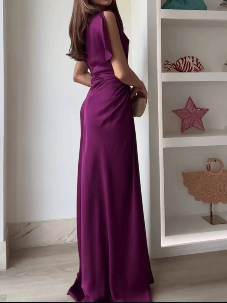 Casual O-neck Draped Gowns Dress Elegant Hight Waist Slim Fit Evening Dress Vestidos  Women Fashion Temperament Solid Long Dress